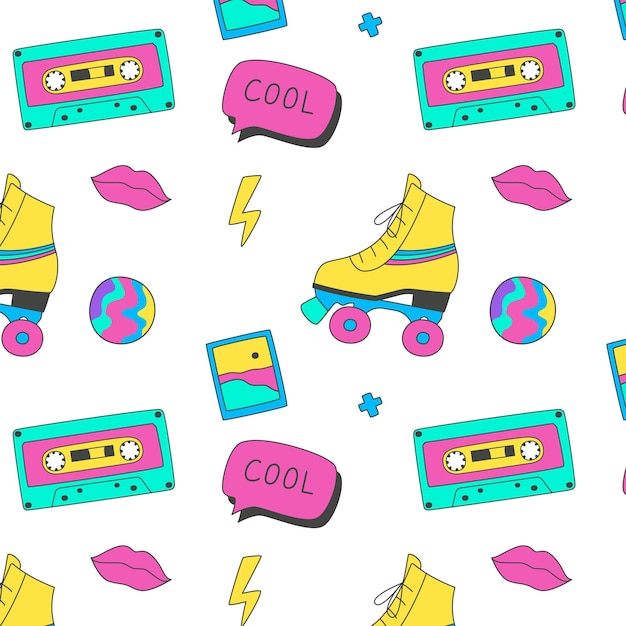 Pattern in the style of the 80s and 90s with elements and objects of the past