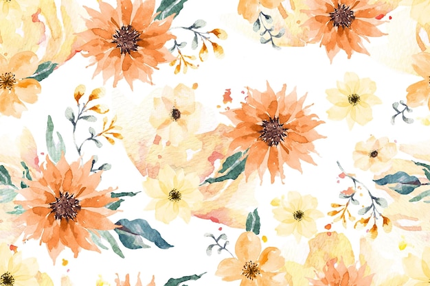 Pattern of sunflower and flowers with watercolor for fabric and wallpaper.Botanical background