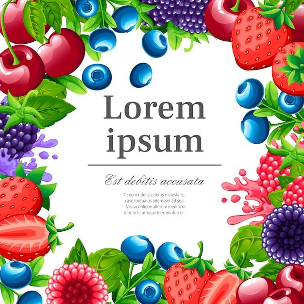 Pattern of sweet berries. Illustration with strawberry, cherry, raspberry, blackberry and blueberry. Berries with green leaves.  illustration for decorative poster. Place for your text.