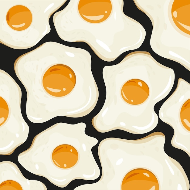 Pattern of ten fried chicken eggs with orange yolks and white proteins on a black background