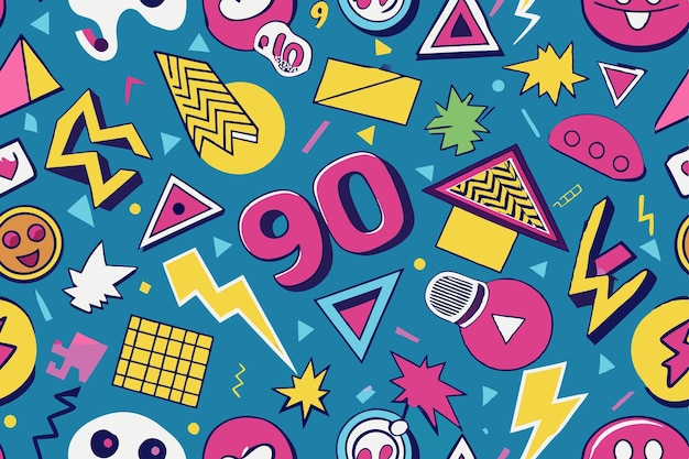 Vector a pattern that celebrates 90s pop culture incorporating iconic symbols bold fonts and vibrant