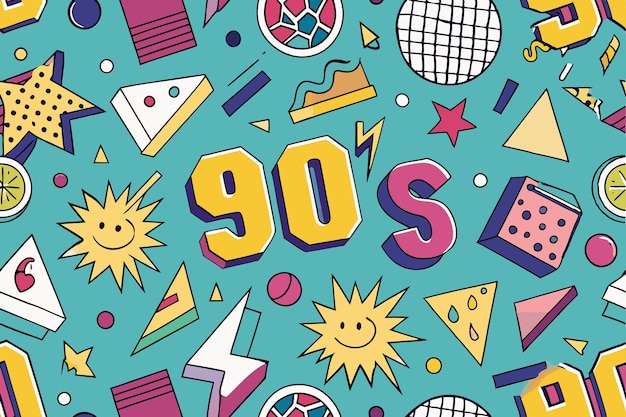 Vector a pattern that celebrates 90s pop culture incorporating iconic symbols bold fonts and vibrant