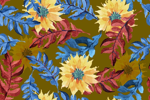 Pattern of tropical botanical with watercolor for fabric and wallpaper.Sunflower background