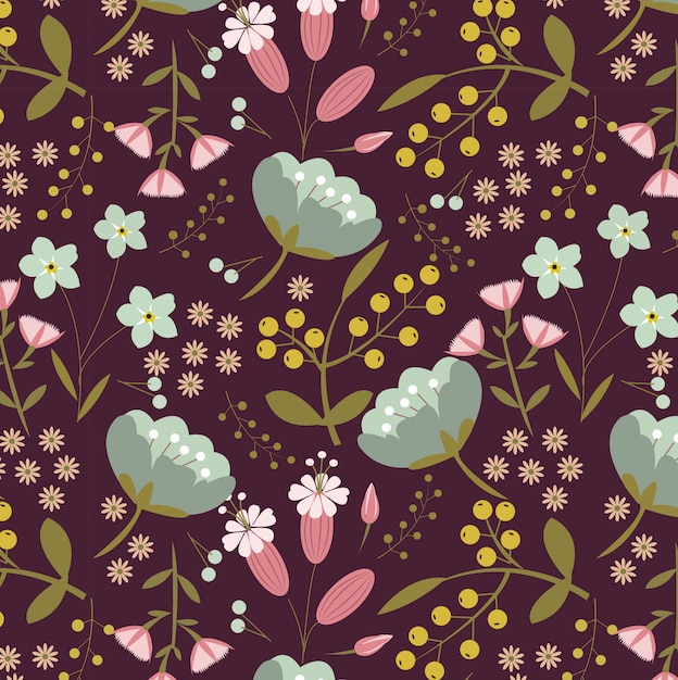 Pattern of variety floral and leaf on purple background