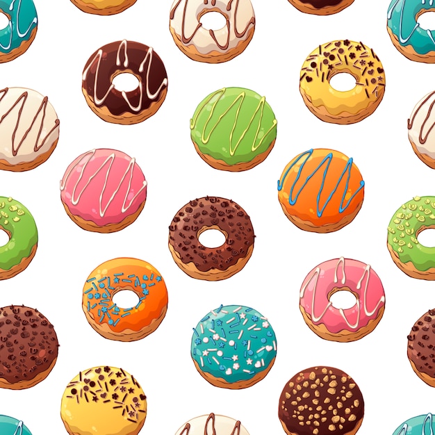 Pattern of vector donuts decorated with toppings