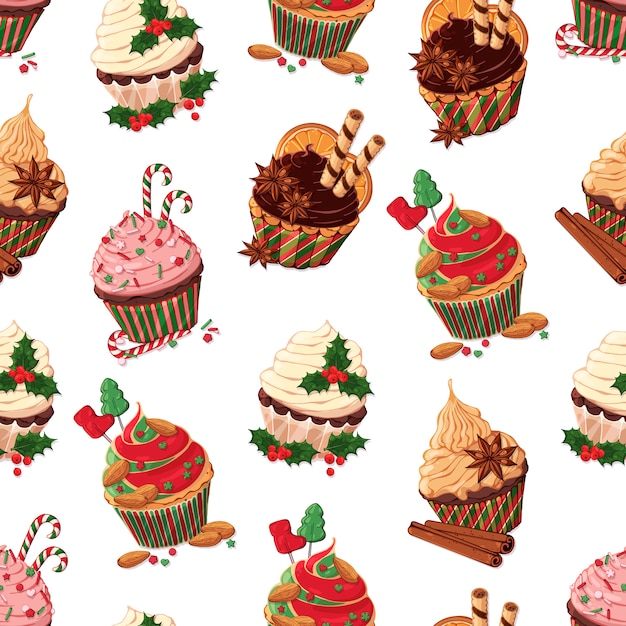 Pattern vector set of different kinds of Christmas cupcakes.