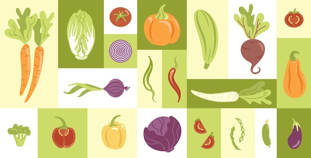 Pattern of vegetables in flat style Various fresh vegetarian products agriculture design elements harvesting healthy lifestyle For wallpaper printing on fabric wrapping background