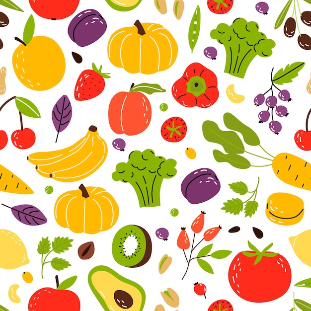 Pattern of vegetables and fruits in a simple cartoon style