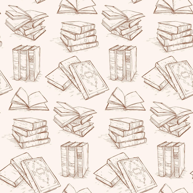 Pattern of vintage books, retro books collection, hand drawn scketch