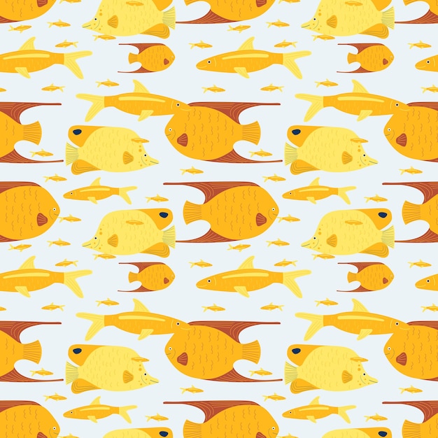 Pattern with aquarium tropical yellow fishes in flat hand drawn style Marine fish of different sha