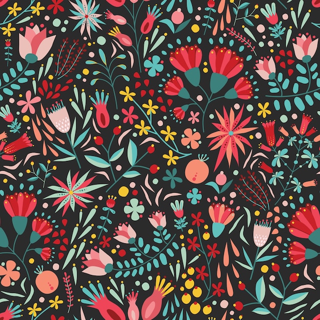 Pattern with beautiful garden blooming flowers on black background.