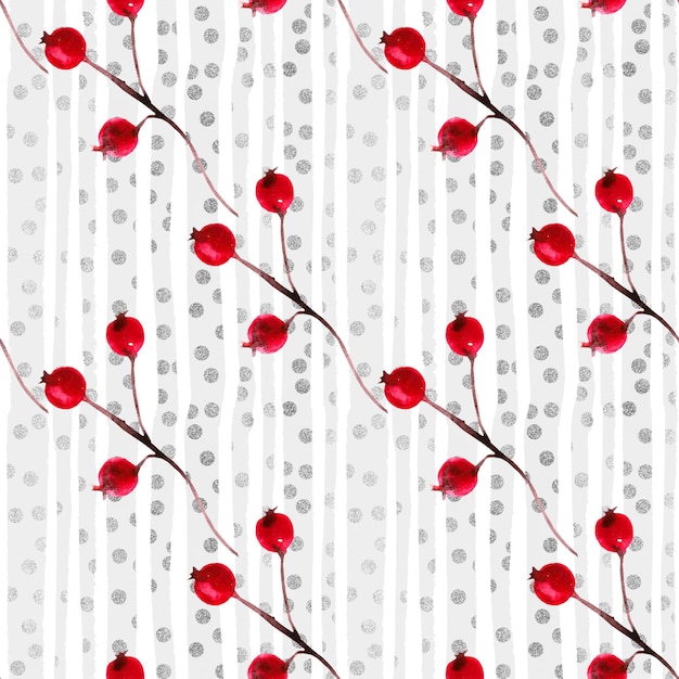 Pattern with berries on a background of gray stripes with silver texture