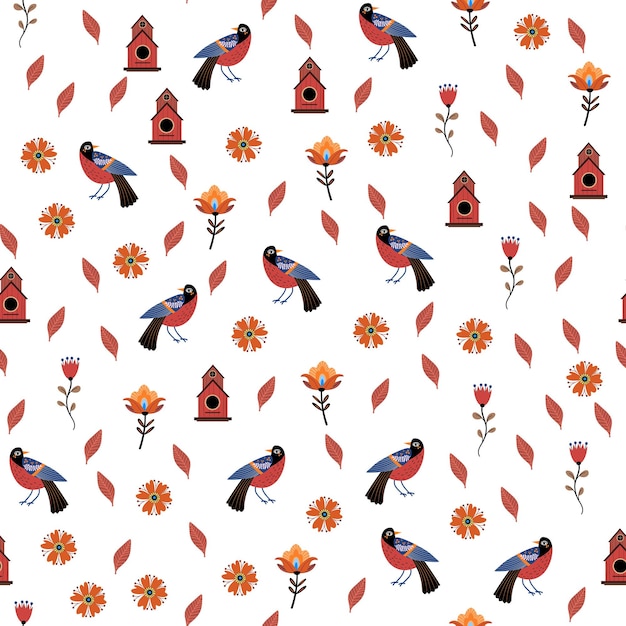 Pattern with Birds and flowers in flat style Wild flowers Stylized birds flowers ornament