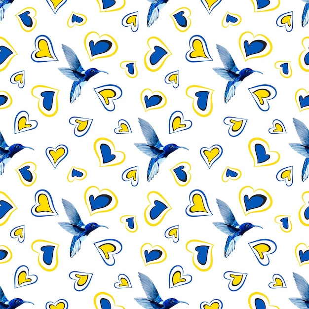 Pattern with Birds and Hearts in Blue and Yellow National Ukrainian Colors on white background