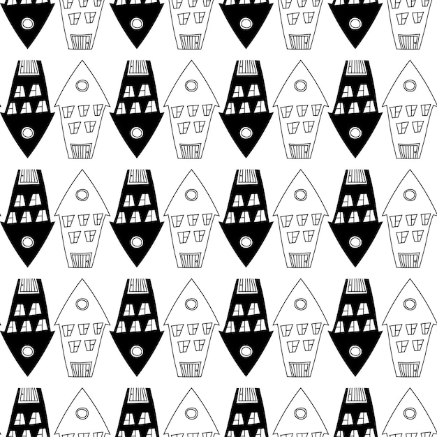 Pattern with black and contour houses for kids fabric Doodle dtyle drawing buildings