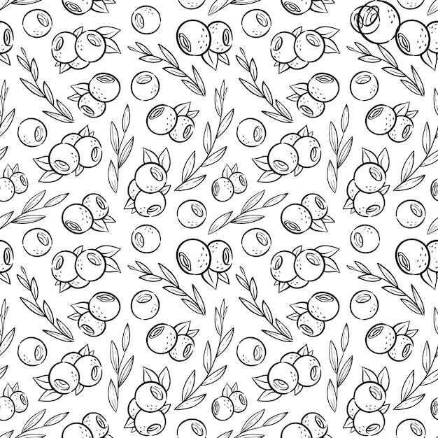 Pattern with blueberry and leaves in kawaii style. Coloring page with fruits for cafe