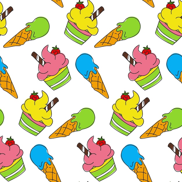 A pattern with bright ice cream in a cone and a paper cup Seamless Ice cream in a doodlestyle cone