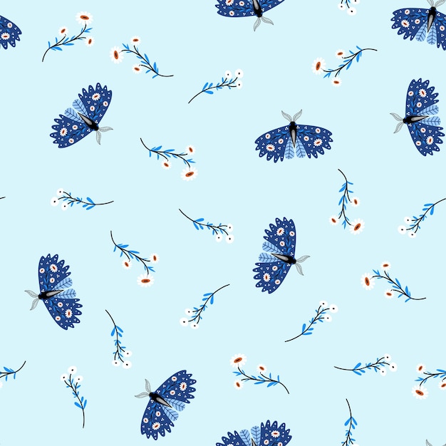 Pattern with butterflies and flowers in flat style Wild flowers Stylized butterflies Flat style