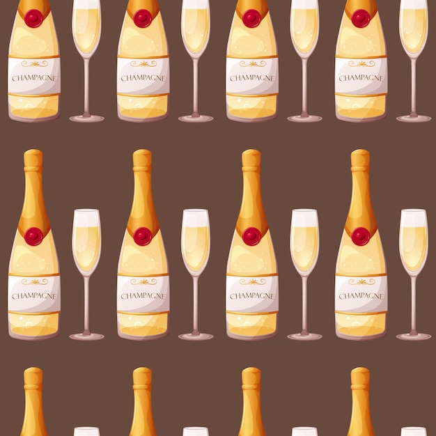 Pattern with cartoon champagne and glasses on gray background