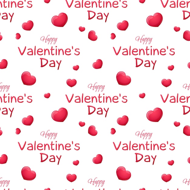 Pattern with cartoon inscription happy Valentine's day and hearts on white background