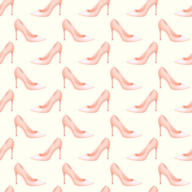 Pattern with cartoon pink princess shoe on white background