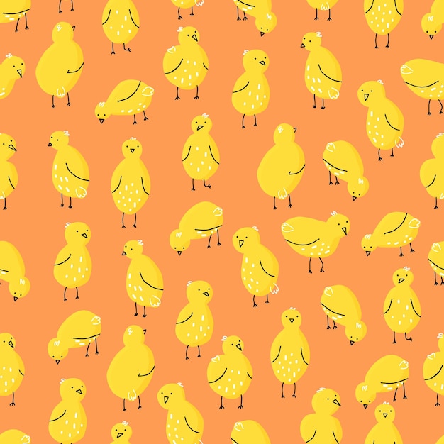 Pattern with chickens in different poses Vector seamless pattern with cute little chickens on a colored background