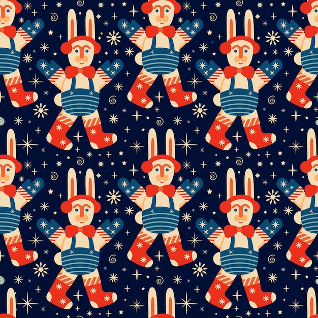 pattern with Christmas toys and rabbits Christmas background