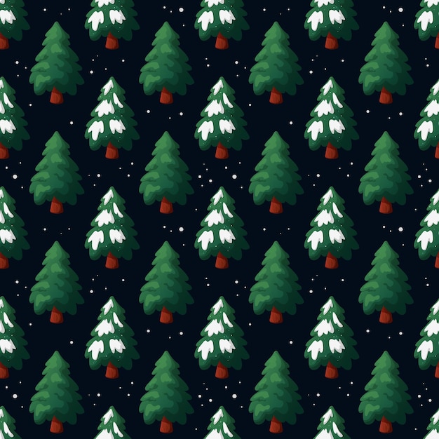 Pattern with Christmas tree with snow on dark blue background