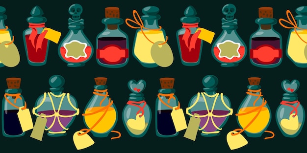 Vector a pattern with colored jars of potions mysticism magic religion poisons in a row vector seamless