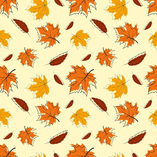 Pattern with colorful autumn leaves outline and paint in cartoon style