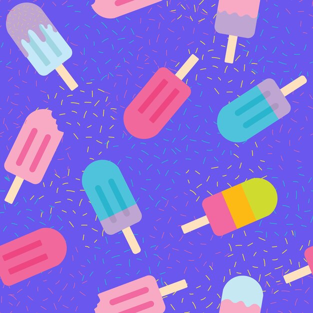 Vector pattern with colorful ice cream on a stick on a purple background