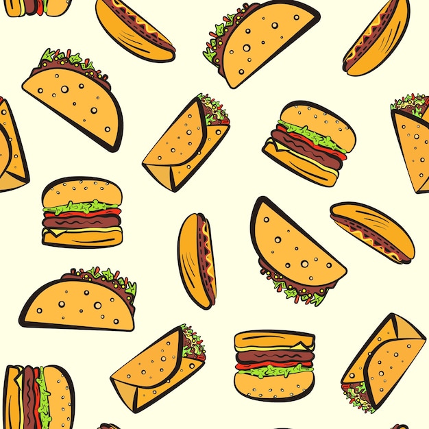 Pattern with colorful tasty fast food