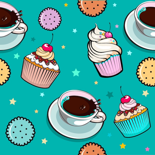 Pattern with cup coffee and cakes