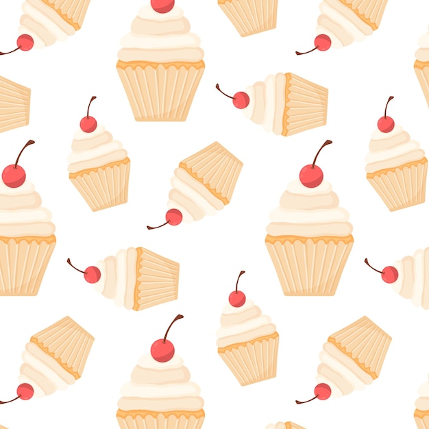 Pattern with cupcake and cherry Seamless pattern with muffin with cream Vector illustration in cartoon style