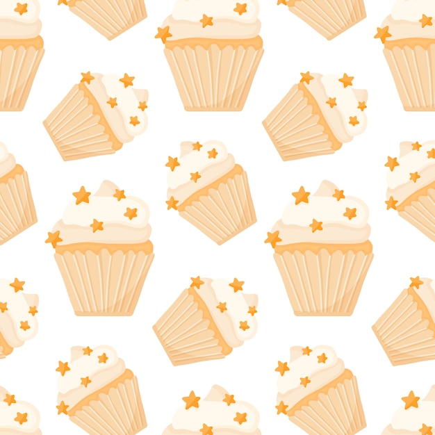 Pattern with cupcake and stars Seamless pattern with bun and cream Vector illustration in cartoon style