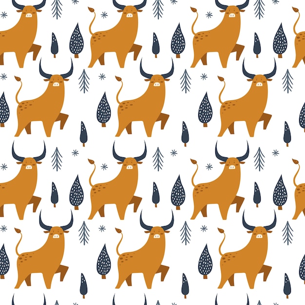 Pattern with cute ox. Winter background. 