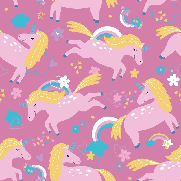 Pattern with cute unicorns cloudsrainbow