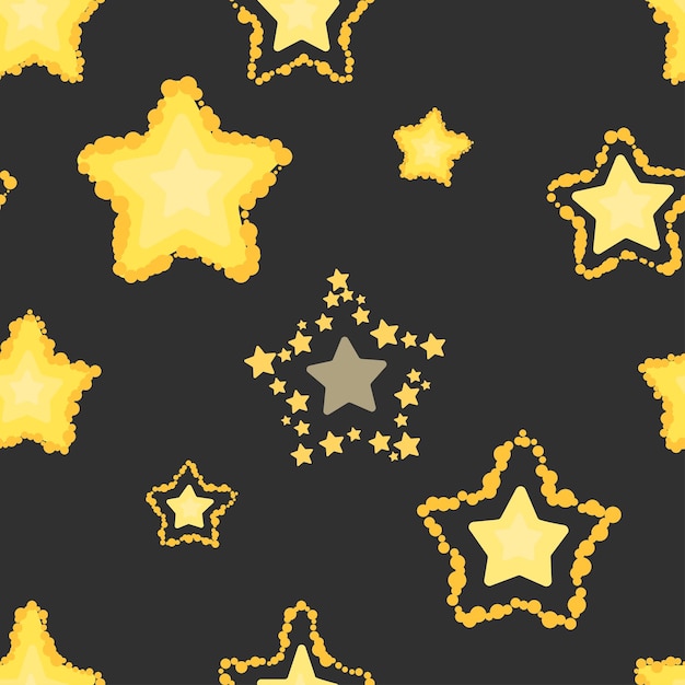 Pattern with dark background. Seamless texture with shining stars. Night sky. Vector illustration.