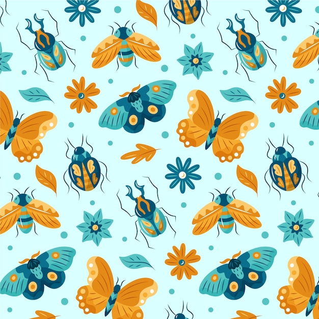 Pattern with different insects and flowers