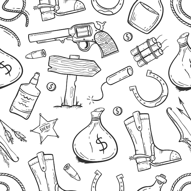 A pattern with elements of the wild West in the doodle style on a white background Vector