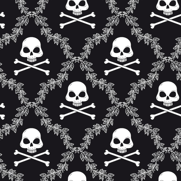 Pattern with floral ornament and skulls