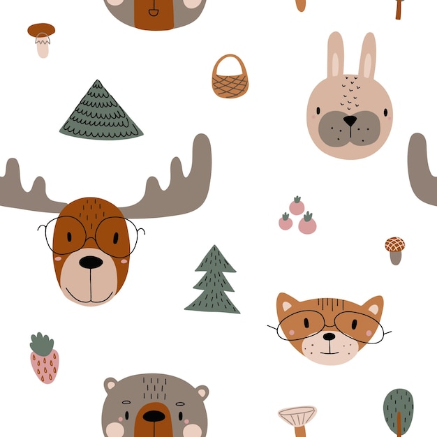 Pattern with forest animals and forest motifs Childrens illustration