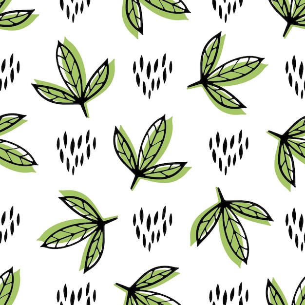 Pattern with fresh green leaves and nature hearts on white background for the design of textiles bed linen child clothing wrapping paper Vector illustration