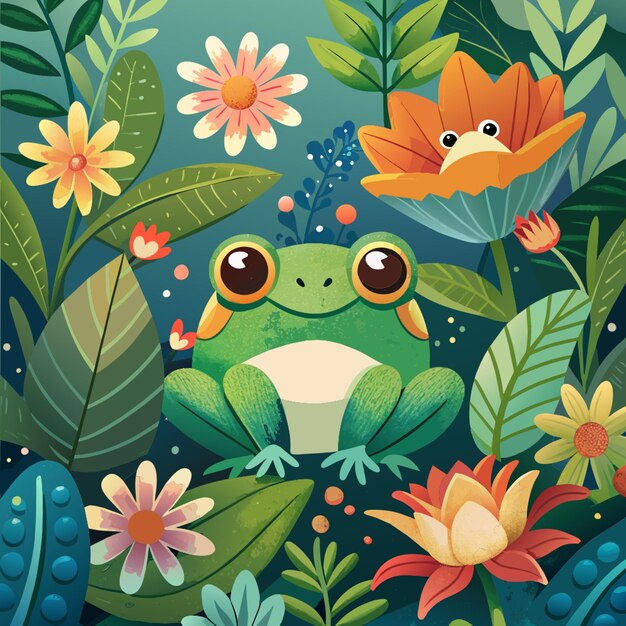 Vector pattern with frog baby with flower vector illustration flat 2