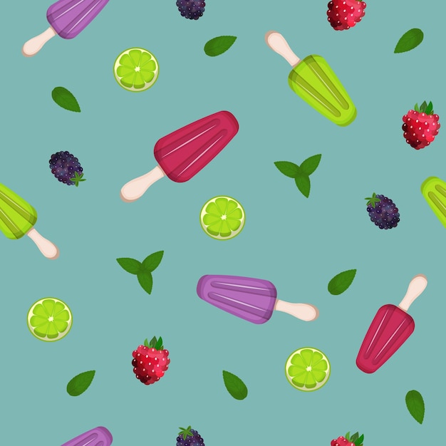 Pattern with fruit and Mexican Paletas ice cream on blue background Cool summer dessert