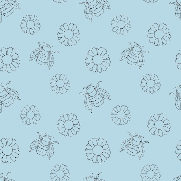 A pattern with gerbera or daisy flowers and bumblebees on a blue background.