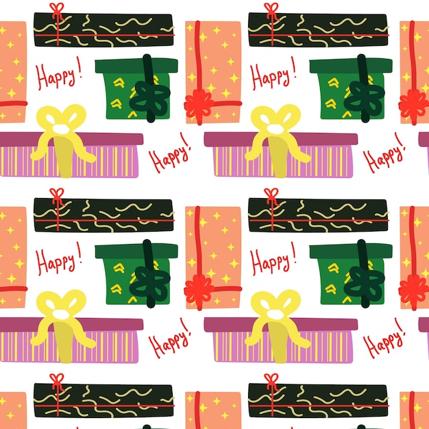 pattern with gift boxes with the text of happy Seamless of handdrawn highlighted Multicolored