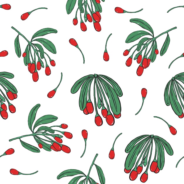 pattern with goji berries. Colorful hand drawn background with branches.