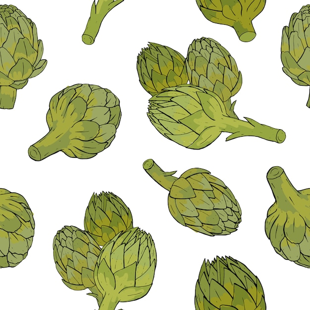 Pattern with green artichoke flower buds