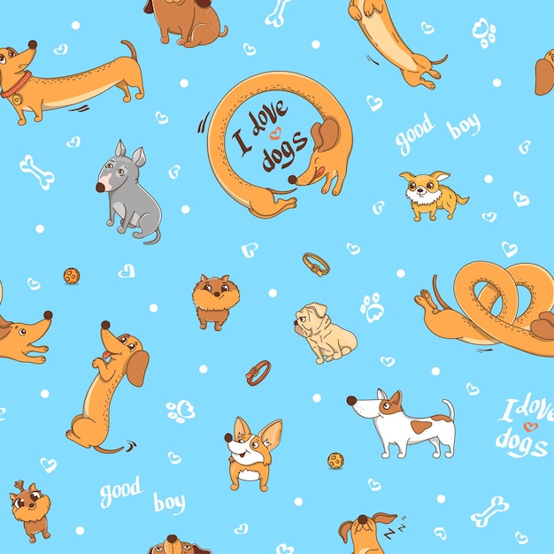 Pattern with handdrawn dogs of different breeds